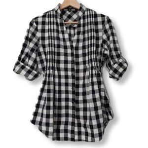 FOLIA Utility Sleeve Buffalo Check Button Down Shirt B&W Sz S
